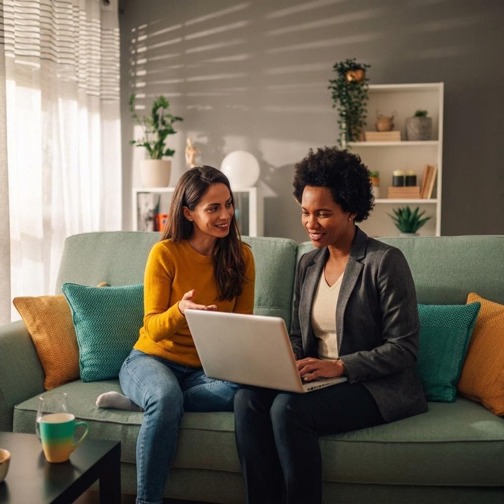 Two professional women collaborating on a laptop
