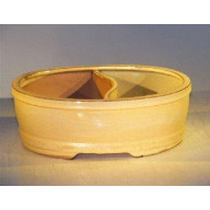 Beige Ceramic Bonsai Pot - Oval<br>Land/Water Divider<br><i>8.0 x 6.5 x 3.25</i>