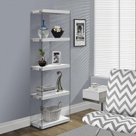 Bookshelf, Bookcase, Etagere, 5 Tier, 60"H, Office, Bedroom, Tempered Glass, Laminate, Glossy White, Clear, Contemporary, Modern