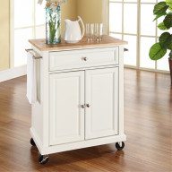 NATURAL WOOD TOP PORTABLE KITCHEN CART/ISLAND IN WHITE FINISH
