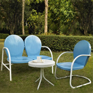 GRIFFITH 3 PIECE METAL OUTDOOR CONVERSATION SEATING SET - LOVESEAT & CHAIR IN SKY BLUE FINISH WITH SIDE TABLE IN WHITE FINISH