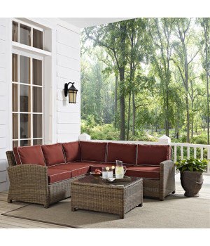 BRADENTON 4-PIECE OUTDOOR WICKER SEATING SET WITH SANGRIA CUSHIONS - RIGHT CORNER LOVESEAT, LEFT CORNER LOVESEAT, CORNER CHAIR, SECTIONAL GLASS TOP COFFEE TABLE