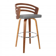 Leatherette Swivel Wooden Barstool with Curved Back, Brown and Gray