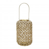 Cylindrical Rattan Lantern with Metal Frame and Handle,Large,Brown and Gold