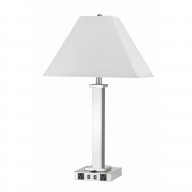 Trapezoid Shade Table Lamp with Metal Base and 2 USB Ports,White and Chrome
