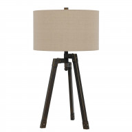 Metal Tripod Base Table Lamp with Fabric Drum Shade, Bronze and Beige
