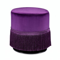 Fabric Upholstered Round Ottoman with Fringes and Metal Base, Purple