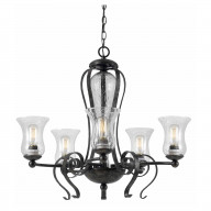 5 Bulb Chandelier with Scrolled Metal Frame and Glass Shades,Gray and Clear