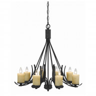 8 Bulb Metal Frame Chandelier with Candle Lights, Black and Beige