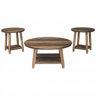 Rustic Plank Style Round Shape Cocktail and 2 End Tables, Set of 3, Brown