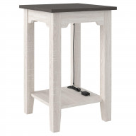 Wooden Side End Table with USB Ports and Power Cord, Antique White and Gray