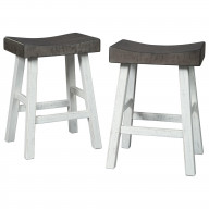 25 Inch Wooden Saddle Stool with Angular Legs, Set of 2, Brown and White