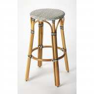Butler Specialty Company, Tobias Round Rattan 30" Bar Stool, White and Black Dot