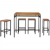 5 Piece Wooden Bar Table and Bar Stools with Metal Legs, Brown and Black