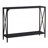 Allegheny Entryway Sofa Console Table, Pewter Metal Frame & Black Glass Top, Modern With Storage Shelf
