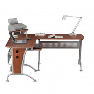 Techni Mobili Deluxe L-Shaped Tempered Frosted Glass Top Computer Desk With Pull Out Keybaord Panel. Color: Mahogany