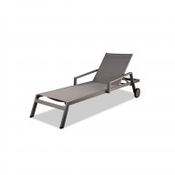 Bondi Outdoor Chaise Lounge in Aluminium taupe color, taupe textilene and two wheels, Stackble