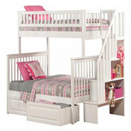 Woodland Staircase Bunk Bed Twin over Full with 2 Raised Panel Bed Drawers in White
