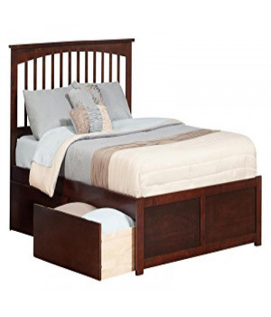 Mission Queen Platform Bed with Flat Panel Foot Board and 2 Urban Bed Drawers in Walnut