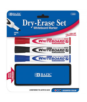 BAZIC 3 Asst. Color Chisel Tip Dry Erase Marker w/ Eraser