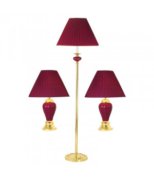3-Piece Ceramic Lamp Set, Floor and Table Lamps, Burgundy finish