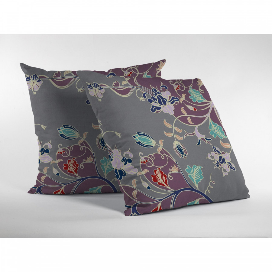 Carnation Garden Suede Blown and Closed Pillow Purple on Gray
