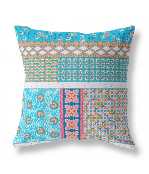 Flower Castle Patchwork Broadcloth Indoor Outdoor Blown and Closed Pillow in Turquoise White