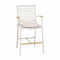Portals Outdoor Patio Aluminum Barstool in Light Matte Sand with Natural Teak Wood Accent