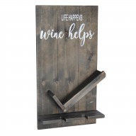 Elegant Designs Lucca Wall Mounted Wooden Life Happens Wine Helps Wine Bottle Shelf with Glass Holder, Rustic Gray