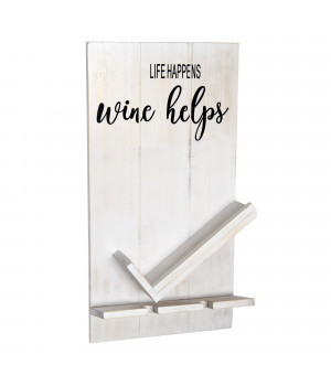 Elegant Designs Lucca Wall Mounted Wooden Life Happens Wine Helps Wine Bottle Shelf with Glass Holder, White Wash