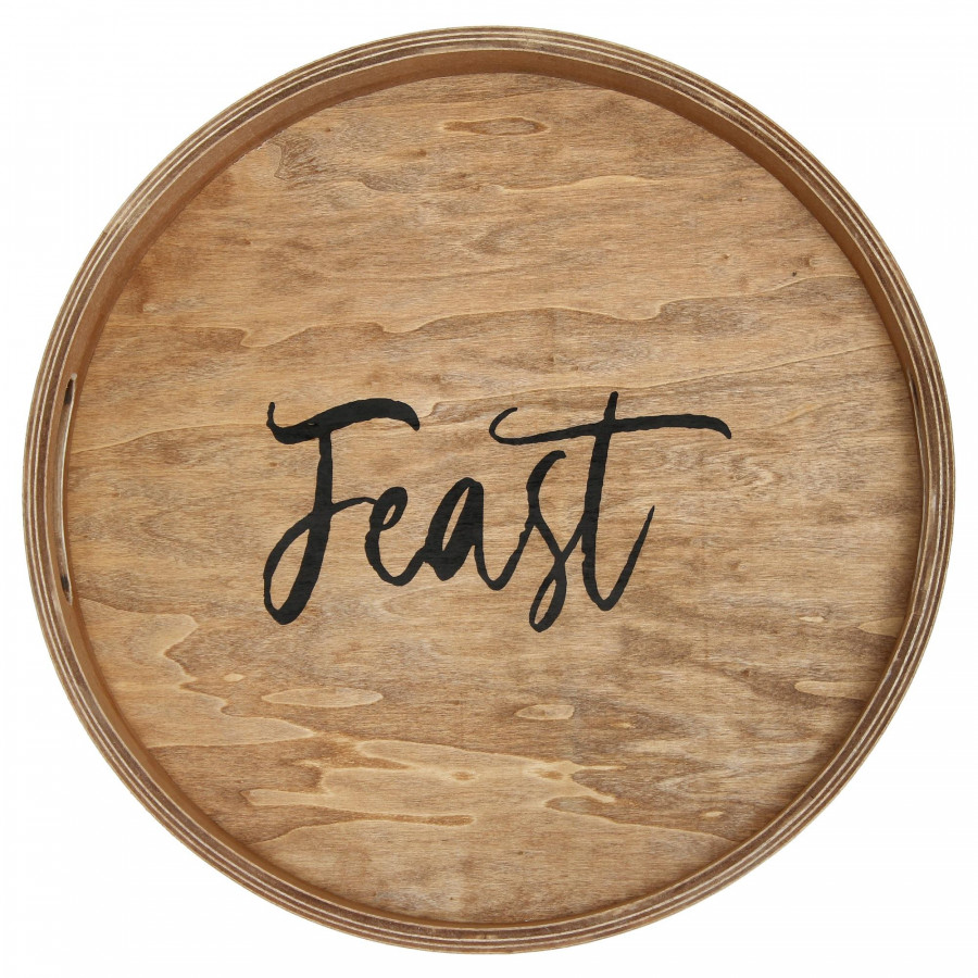 Elegant Designs Decorative 13.75" Round Wood Serving Tray w/ Handles, "Feast"