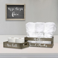 Elegant Designs Three Piece Decorative Wood Bathroom Set, Small, Cheeky (1 Towel Holder, 1 Frame, 1 Toilet Paper Holder)