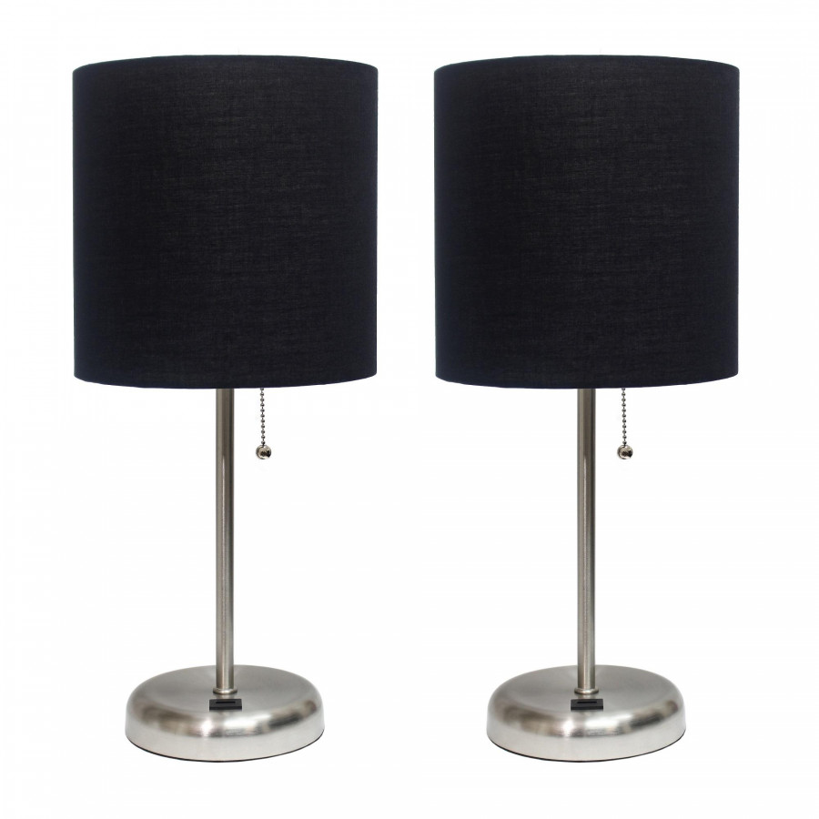 Stick Lamp with USB charging port and Fabric Shade 2 Pack Set, Black