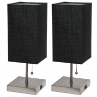 Simple Designs Petite Stick Lamp with USB Charging Port and Fabric Shade 2 Pack Set, Black