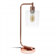Simple Designs Bronson Antique Style Industrial Iron Lantern Desk Lamp with USB Port and Glass Shade, Rose Gold