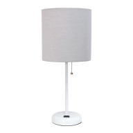 White Stick Lamp with Charging Outlet and Fabric Shade, Gray