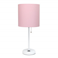 LimeLights White Stick Lamp with Charging Outlet and Fabric Shade