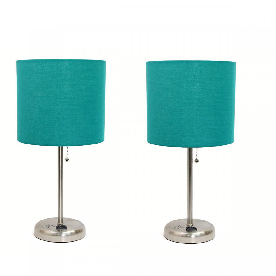 Limelights LT2024-TEL Stick Brushed Steel Lamp with Charging Outlet and Fabric Shade, 19.50 x 8.50 x 8.50 inches, Teal (Pack of 2)