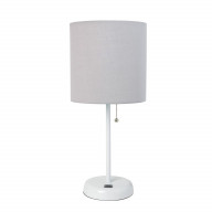 White Stick Lamp with USB charging port and Fabric Shade, Gray