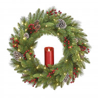 24 Feel Real Bristle Berry Wreath with 50 Battery Operated LED lights, Red Electronic Candle Red Berries & Cones