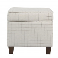 Wooden Square Ottoman with Grid Patterned Fabric Upholstery and Hidden Storage, Beige and Brown