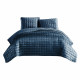 3 Piece King Coverlet Set with Stitched Square Pattern, Blue