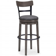 Swivel Barstool with Nailhead Trim and Curved Panel Back, Tall, Gray