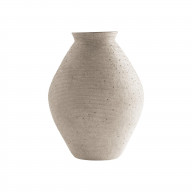 Dale 17 Inch Round Polyresin Vase, Tightly Ribbed Texture, Antique Beige