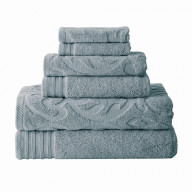 Oya 6 Piece Soft Egyptian Cotton Towel Set, Medallion Pattern, Blue Gray