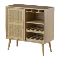 Dana 31 Inch Wood Wine Cabinet, 2 Shelves, Glass Hanger, Rattan Door, Brown