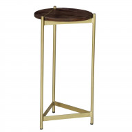 Brita 12 Inch Cocktail Accent Table, Round Wood Top, Triangular Gold Base, Brown, Brass