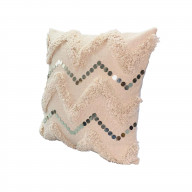 18 x 18 Square Cotton Accent Throw Pillow, Handcrafted Chevron Patchwork, Sequins, Cream