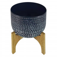 Alex 12 Inch Artisanal Industrial Round Hammered Metal Planter Pot with Wood Arch Stand, Midnight Blue