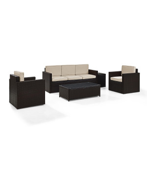 Palm Harbor 5-Piece Outdoor Wicker Sofa Conversation Set With Sand Cushions - Sofa, Two Arm Chairs, Side Table & Glass Top Table